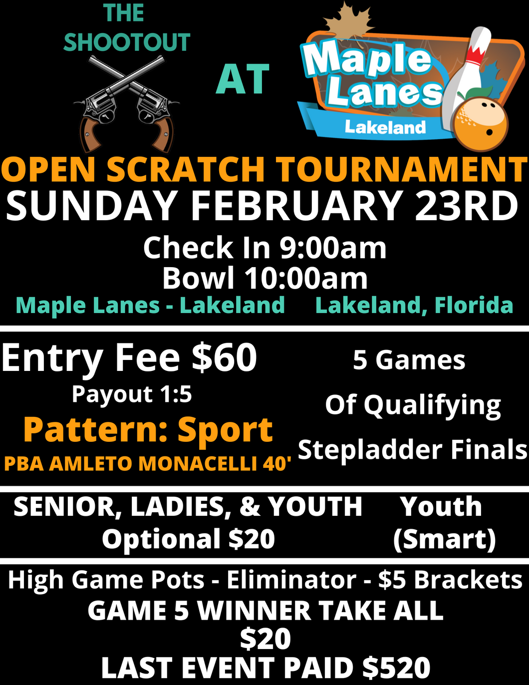 February 23rd - Maple Lanes - Lakeland - 5 Game Scratch Singles