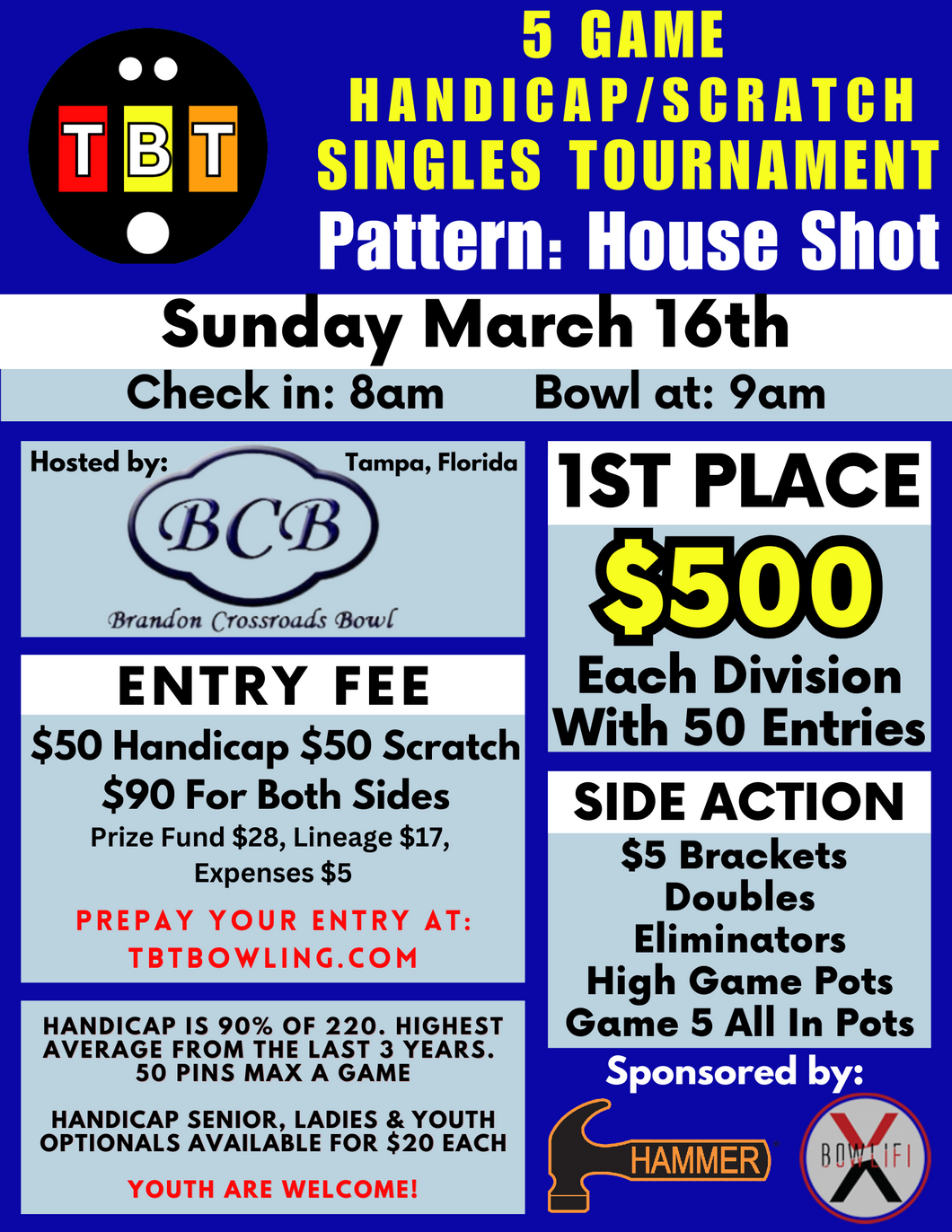 March 16th - Brandon Crossroads Bowl - 5 Game Handicap/Scratch Singles