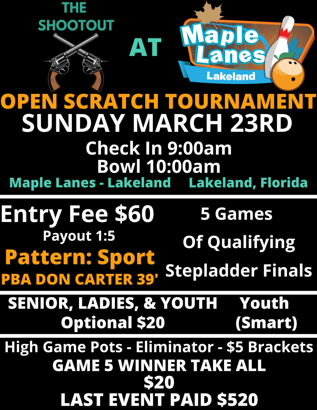 March 23rd - Maple Lanes - Lakeland - 5 Game Scratch Singles